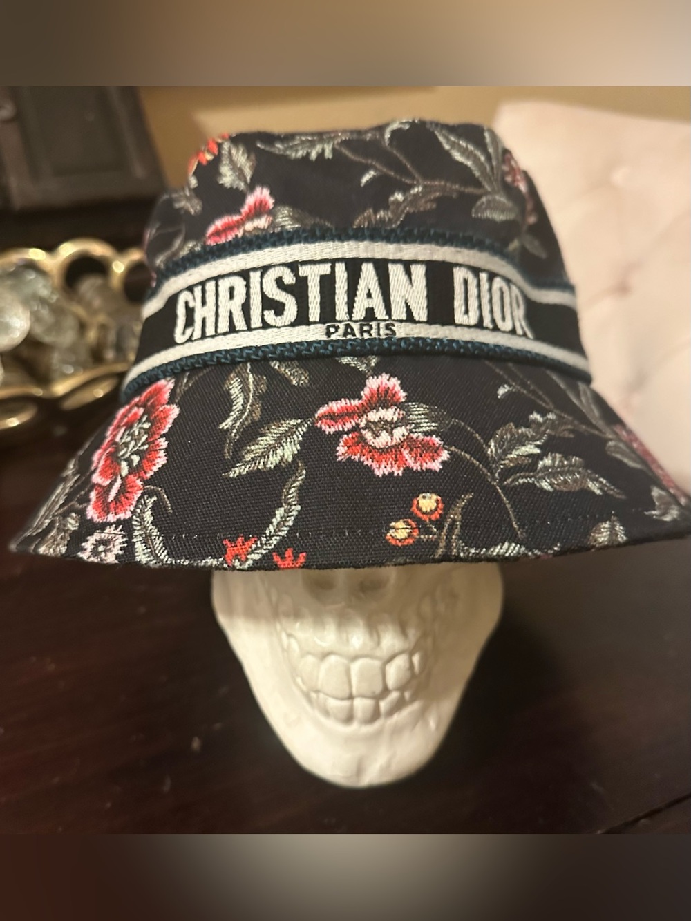Dior Navy Floral Embroidered Bucket Hat with Logo Band